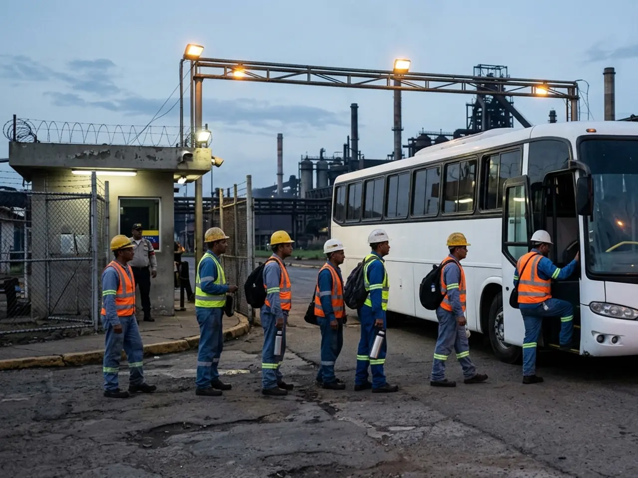 Trabajadores con casco y chaleco suben a un autobús blanco en el portón de una planta al amanecer.