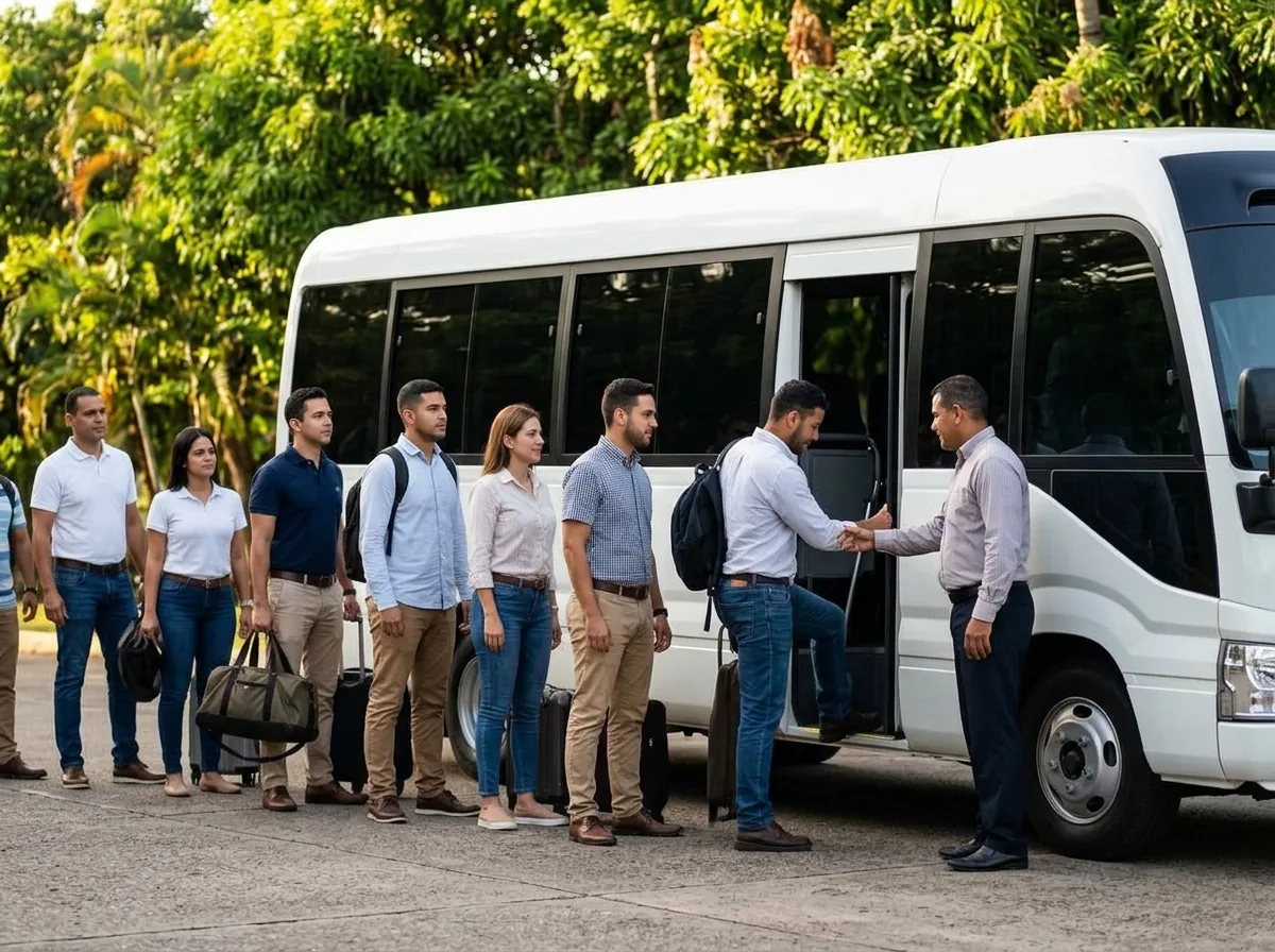 Un grupo con equipaje de mano espera para subir a un minibús blanco mientras el chofer saluda al primer pasajero.